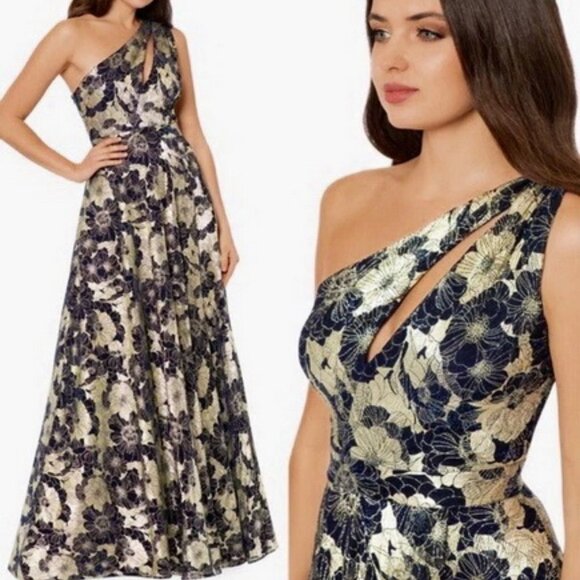 Betsy & Adam Navy Blue Gold Metallic Floral One-Shoulder Sheath Gown - Picture 1 of 3